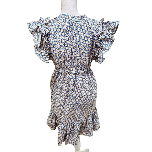 By Anthropologie v neck White, yellow & Blue flutter sleeve Tie Front dress MP - Picture 9 of 11